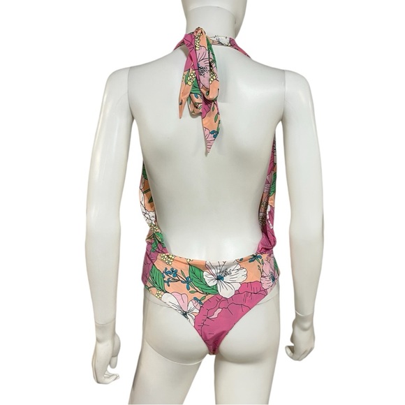 AFRM Spring Blush Bouquet Rosa Cross Halter Plunge Neck Bodysuit, M - Picture 8 of 10